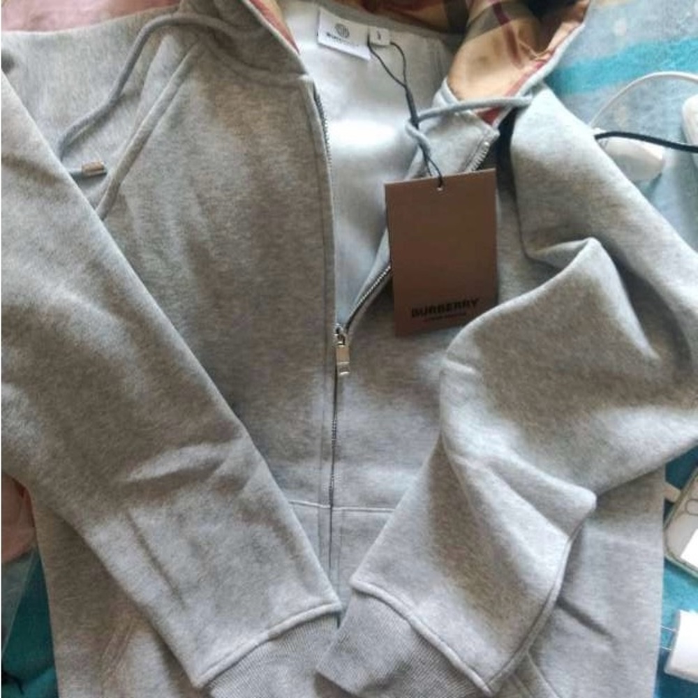 Burberry Light Gray Hoodie with Check Lining